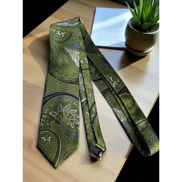 COUNTESS MARA 100% Silk Necktie Green Paisley Multicolor Striped Tip - Picture 3 of 14